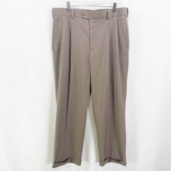 Pleated Front Rolled Hem Khaki Brown Dress Pants - Picture 1 of 7